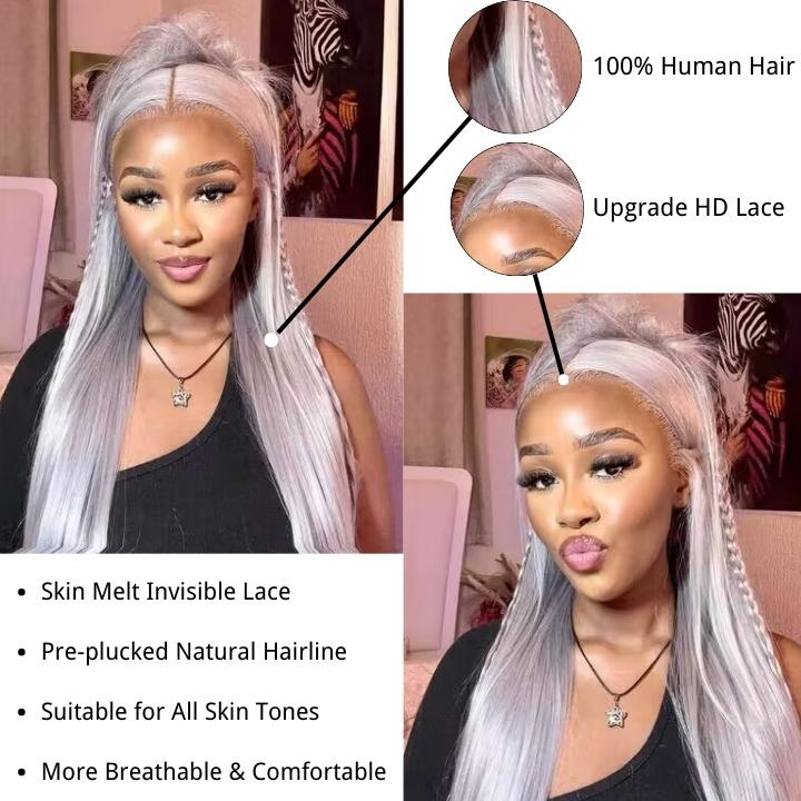 Silver Straight HD Transparent Lace Front Wig Gray Human Hair Wigs Pre Plucked With Baby Hair