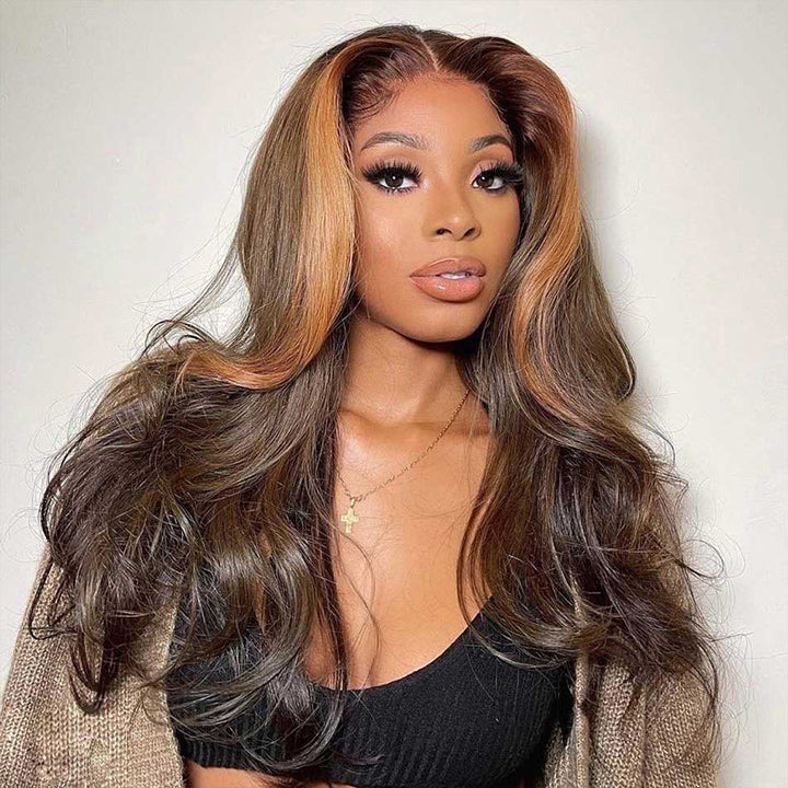 Skunk Stripe Brown Body Wave HD Transparent Lace Front Wig Face Frame Highlights Human Hair Wigs