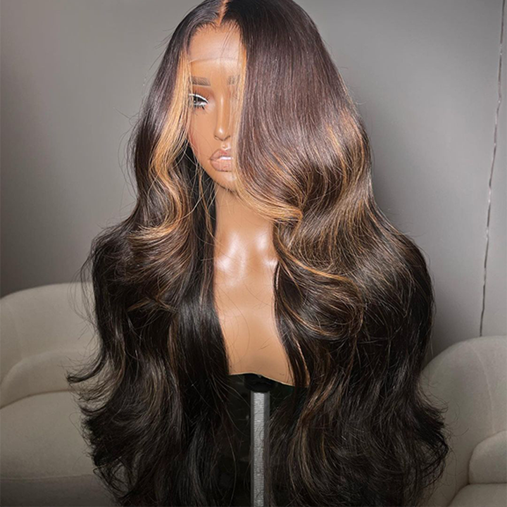 Money Piece Brown Body Wave HD Transparent Lace Front Wigs Glueless Skunk Stripe Color Human Hair Wigs-GeetaHair