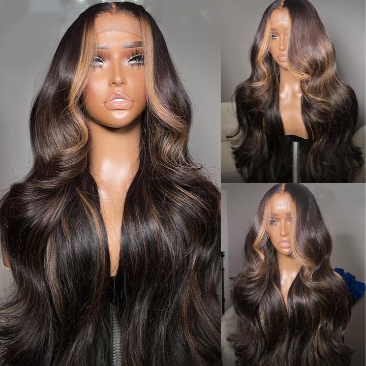 Money Piece Brown Body Wave HD Transparent Lace Front Wigs Glueless Skunk Stripe Color Human Hair Wigs-GeetaHair