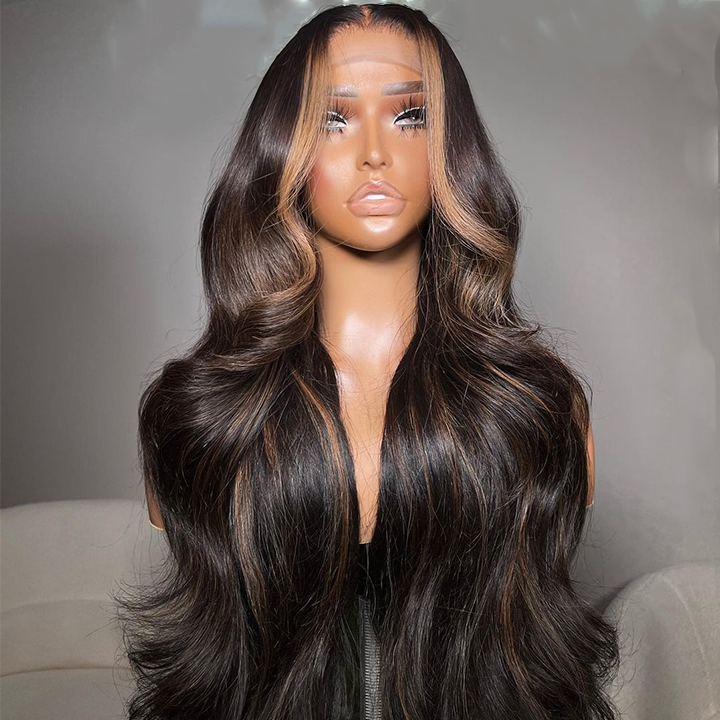 Money Piece Brown Body Wave HD Transparent Lace Front Wigs Glueless Skunk Stripe Color Human Hair Wigs-GeetaHair