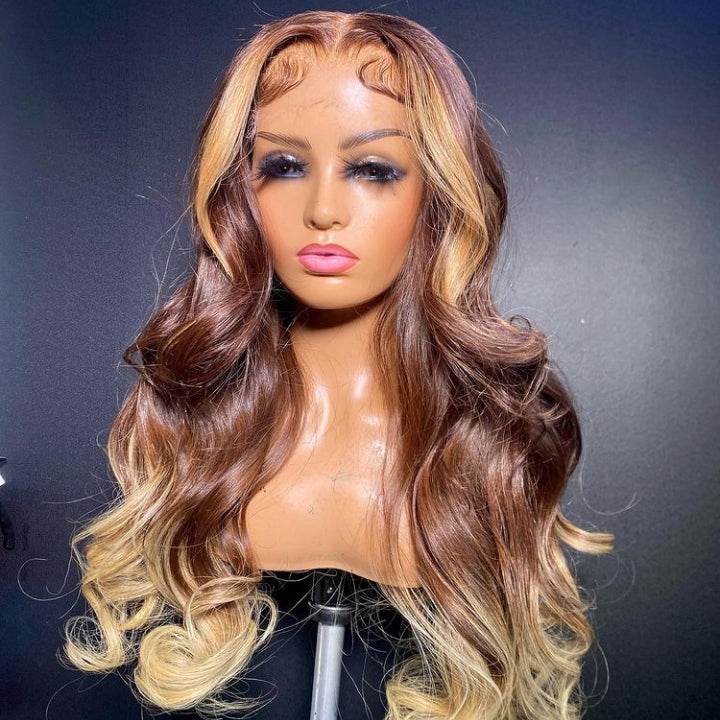 Skunk Stripe Brown With Blonde Body Wave Lace Front Wig Ombre Blonde Highlight Human Hair Wigs