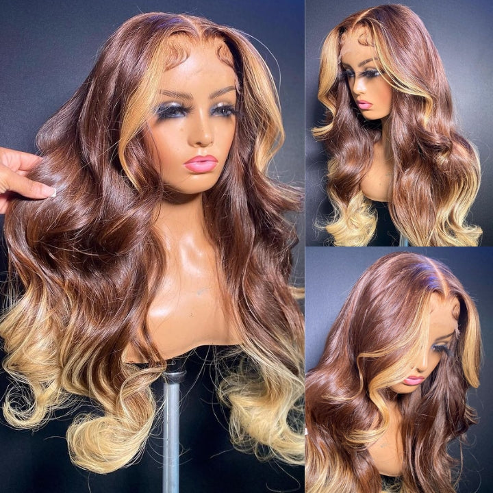 Skunk Stripe Brown With Blonde Body Wave Lace Front Wig Ombre Blonde Highlight Human Hair Wigs