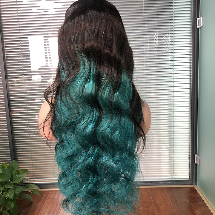 Skunk Stripe Hair Body Wave Lace Front Wig With Green Highlight HD Transparent Lace Human Hair Wigs