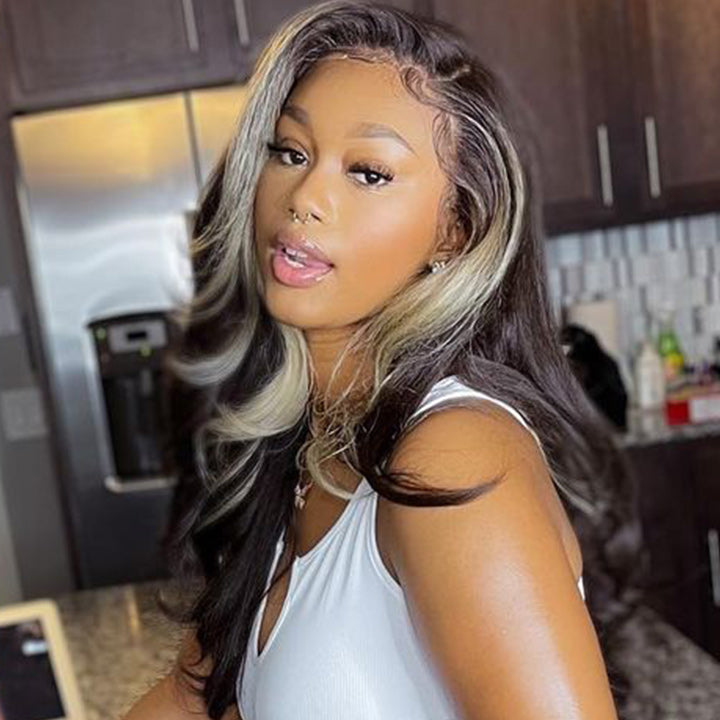 Skunk Stripe Hair Body Wave Lace Front Wig With Blonde Highlight HD Transparent Lace Human Hair Wigs