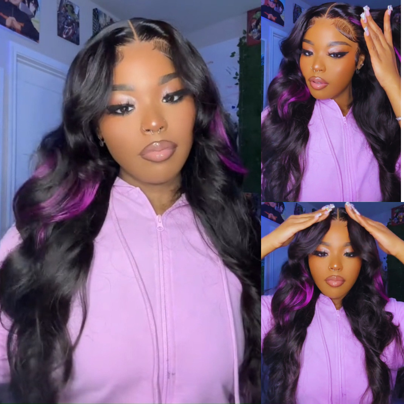 Skunk Stripe Hair Body Wave Lace Front Wig With Dark Purple Highlight HD Transparent Lace Human Hair Wigs