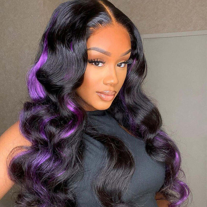 Skunk Stripe Hair Body Wave Lace Front Wig With Dark Purple Highlight HD Transparent Lace Human Hair Wigs