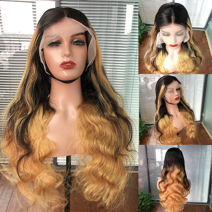 Skunk Stripe Hair Body Wave Lace Front Wig With Honey Blonde Highlight HD Transparent Lace Human Hair Wigs