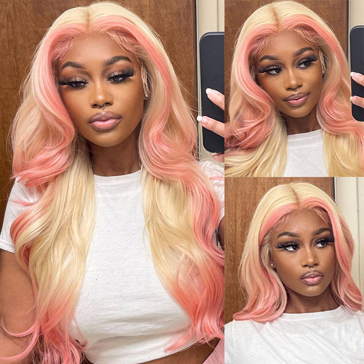 Skunk Stripe Hair Body Wave Lace Front Wig With Pink Highlight HD Transparent Lace Human Hair Wigs
