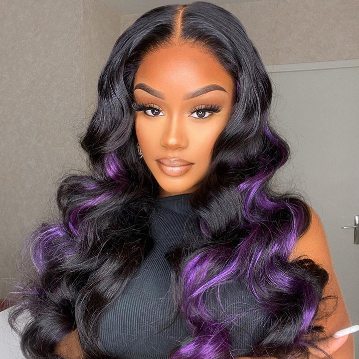 Skunk Stripe Hair Body Wave Lace Front Wig With Purple Highlight HD Transparent Lace Human Hair Wigs