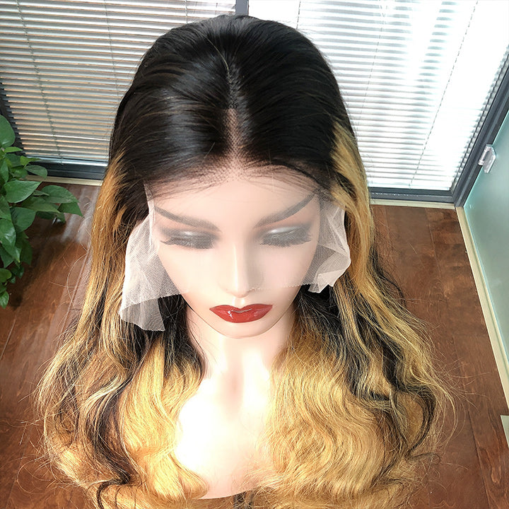 Skunk Stripe Hair Body Wave Lace Front Wig With Honey Blonde Highlight HD Transparent Lace Human Hair Wigs