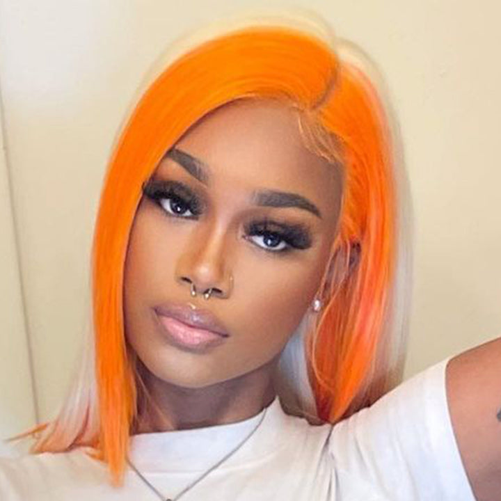 Skunk Stripe Hair Straight Lace Front Bob Wig With Orange Highlight HD Transparent Lace Human Hair Bob Wigs