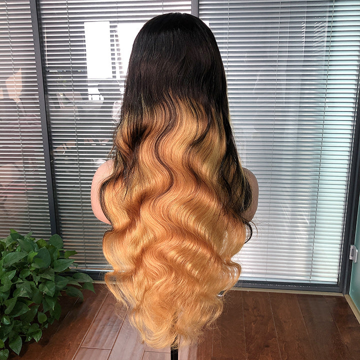 Skunk Stripe Hair Body Wave Lace Front Wig With Honey Blonde Highlight HD Transparent Lace Human Hair Wigs