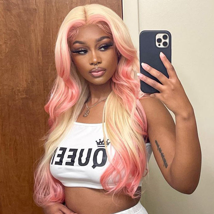 Skunk Stripe Hair Body Wave Lace Front Wig With Pink Highlight HD Transparent Lace Human Hair Wigs
