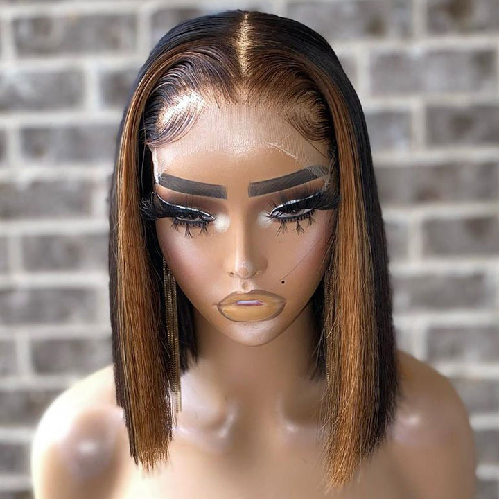 Skunk Stripe Hair Straight Lace Front Bob Wig With Brown Highlight HD Transparent Lace Human Hair Bob Wigs