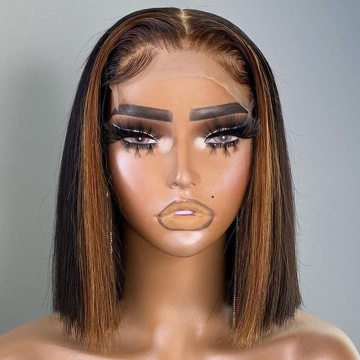 Skunk Stripe Hair Straight Lace Front Bob Wig With Brown Highlight HD Transparent Lace Human Hair Bob Wigs