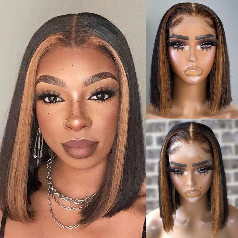 Skunk Stripe Hair Straight Lace Front Bob Wig With Brown Highlight HD Transparent Lace Human Hair Bob Wigs