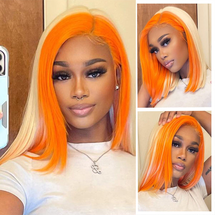 Skunk Stripe Hair Straight Lace Front Bob Wig With Orange Highlight HD Transparent Lace Human Hair Bob Wigs