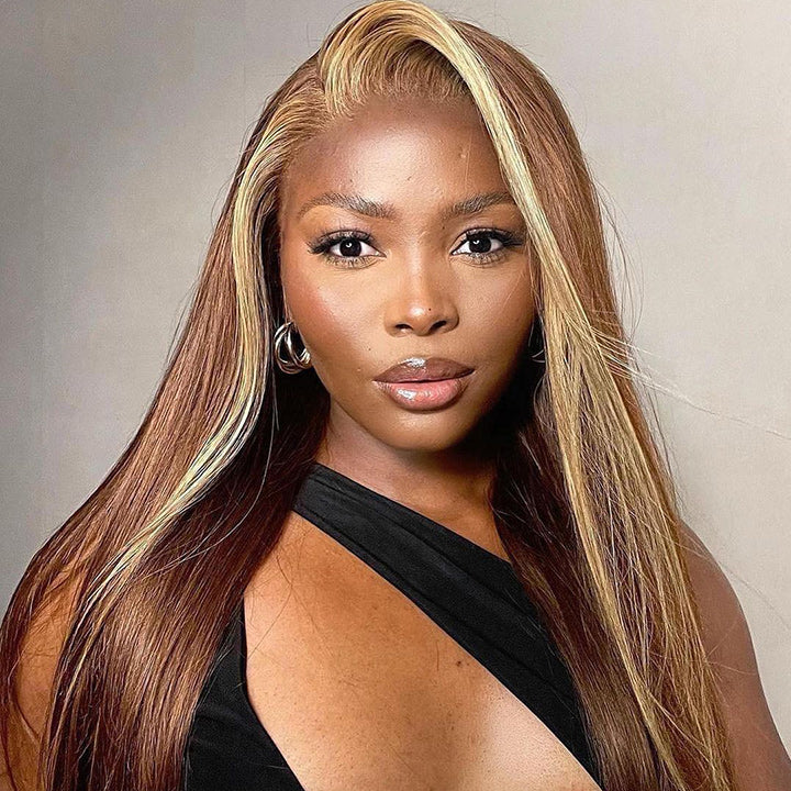 Skunk Stripe Highlight Blonde Lace Frontal Wig Colored Straight HD Lace Human Hair Wigs