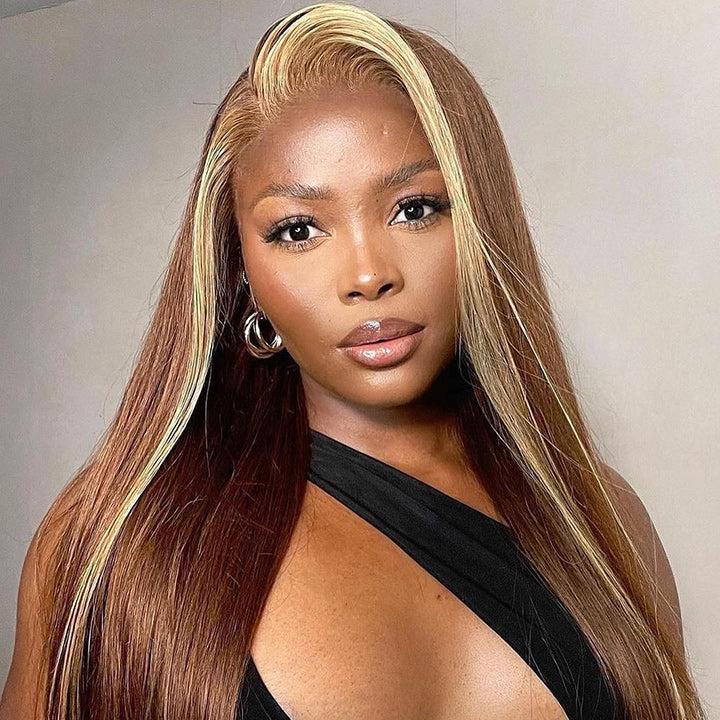 Skunk Stripe Highlight Blonde Lace Frontal Wig Colored Straight HD Lace Human Hair Wigs