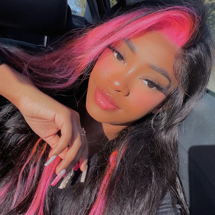 Skunk Stripe Peach Pink Straight 13x4 Lace Frontal Wig Invisible Transparent Lace Human Hair Wigs-GeetaHair