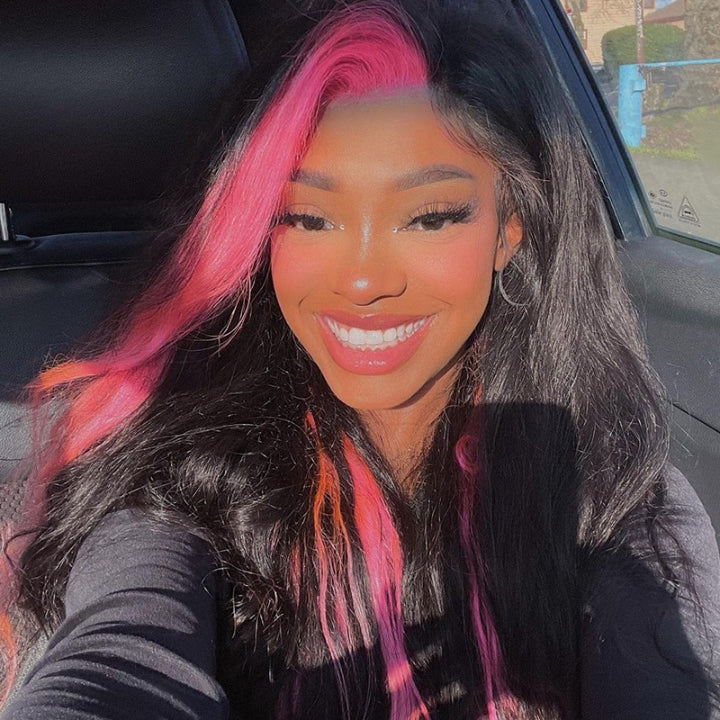 Skunk Stripe Peach Pink Straight 13x4 Lace Frontal Wig Invisible Transparent Lace Human Hair Wigs-GeetaHair