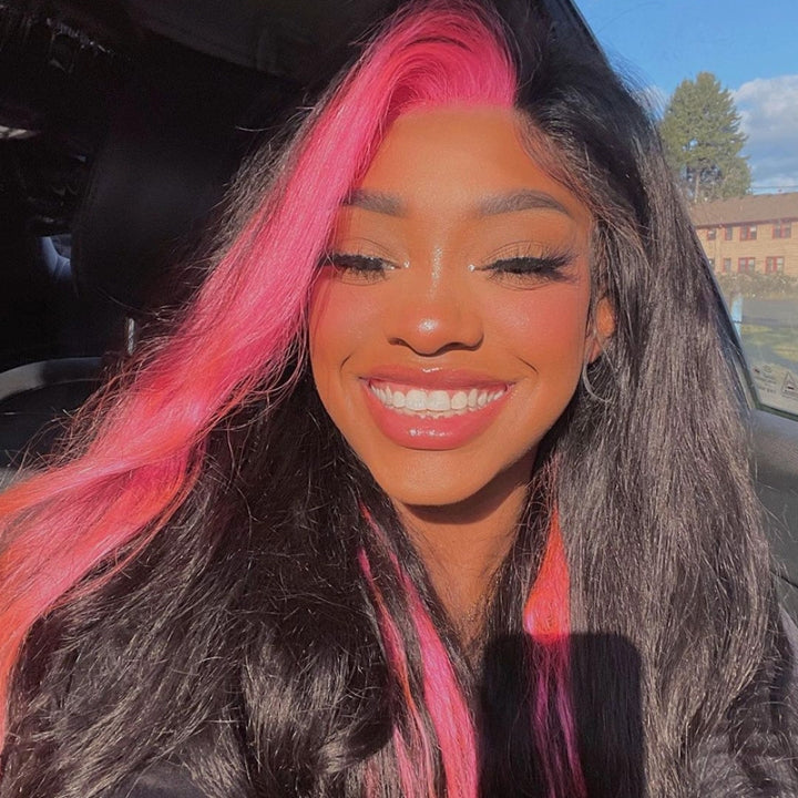 Skunk Stripe Peach Pink Straight 13x4 Lace Frontal Wig Invisible Transparent Lace Human Hair Wigs-GeetaHair