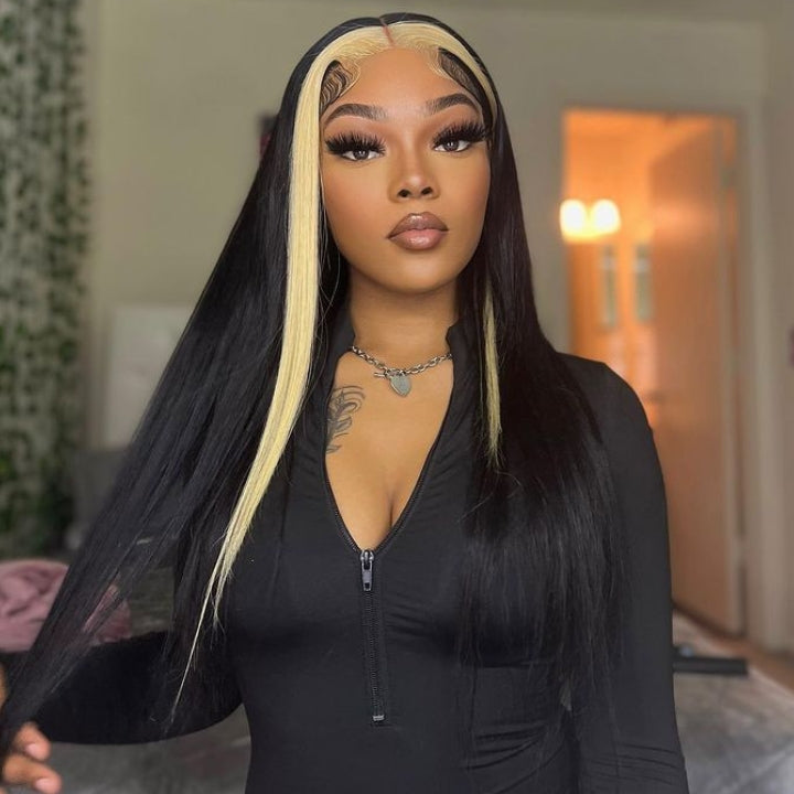 13x4 Lace Frontal Skunk Stripe Wig #613/Black Color Highlight Straight Hair Lace Front Wigs-GeetaHair