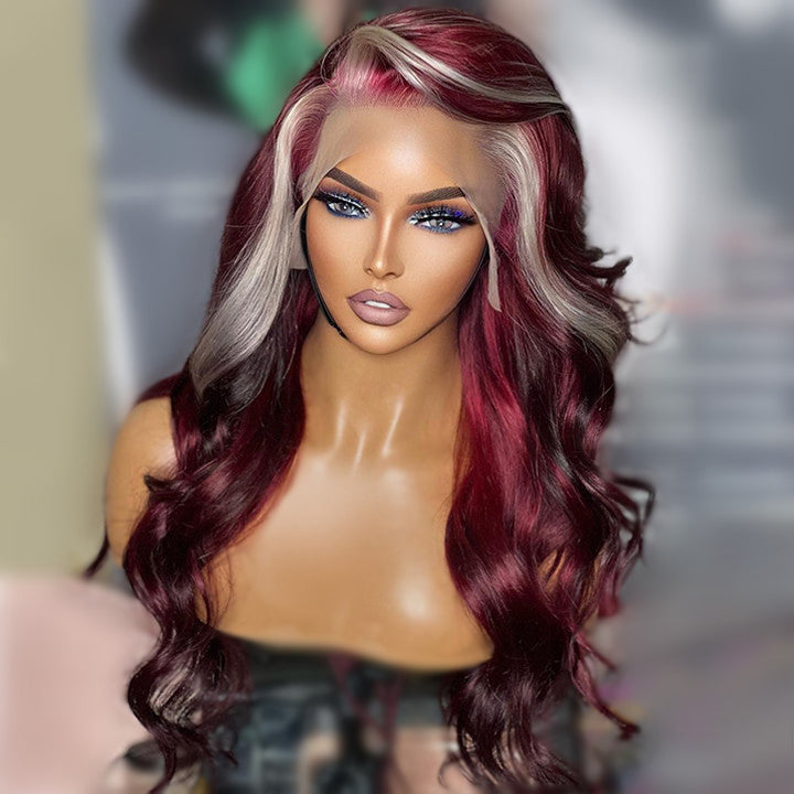 Geeta 13x4/4x4 Burgundy Hair HD Lace Wig With Blonde Highlights Skunk Stripe Body Wave Human Hair Lace Front Wigs