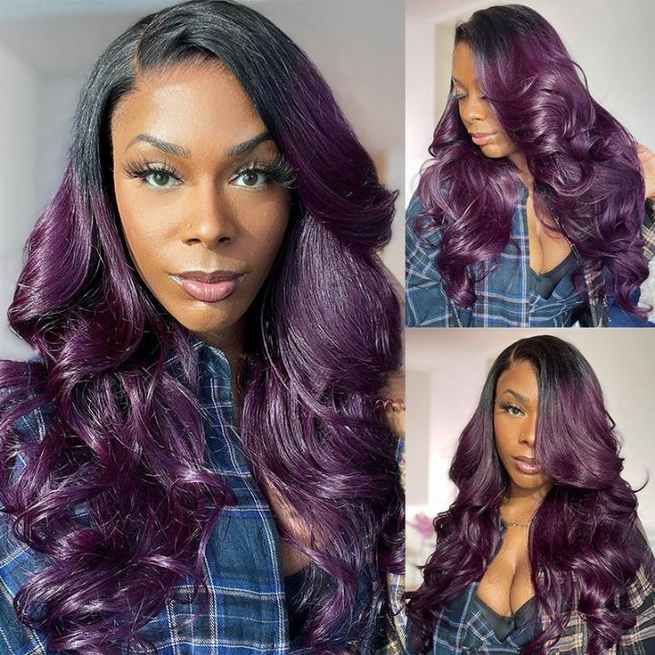 Funky Colored Wigs | Smokey Deep Purple 13x4 Lace Front Body Wave Wig With Black Roots Ombre Colored  HD Lace Human Hair Wigs-Geeta Hair