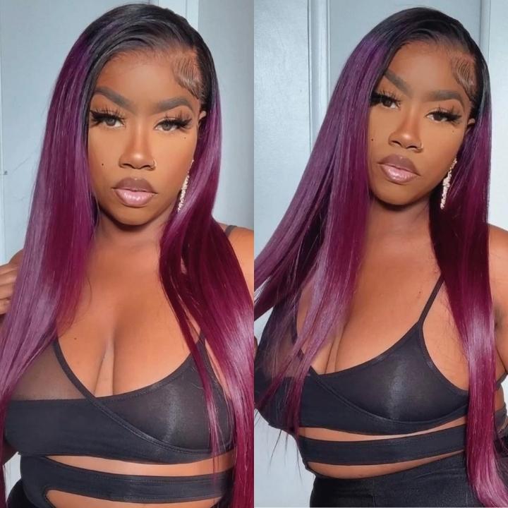 Funky Colored Wigs | Smokey Deep Purple 13x4 Lace Front Straight Wig With Black Roots Ombre Colored HD Lace Human Hair Wigs-Geeta Hair