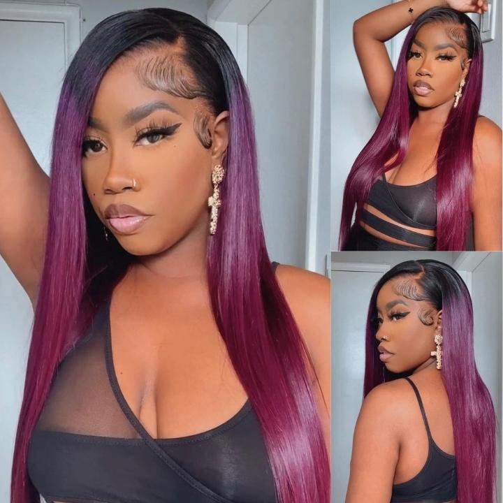 Funky Colored Wigs | Smokey Deep Purple 13x4 Lace Front Straight Wig With Black Roots Ombre Colored HD Lace Human Hair Wigs-Geeta Hair
