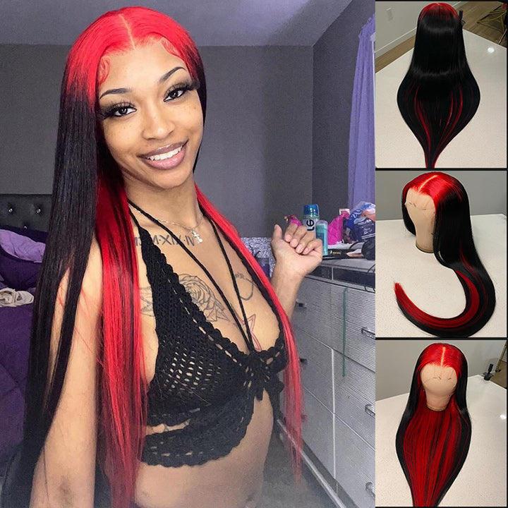 Sparkle Red Roots Long Straight Front Lace Wigs Colored Bone Straight Human Hair Wigs