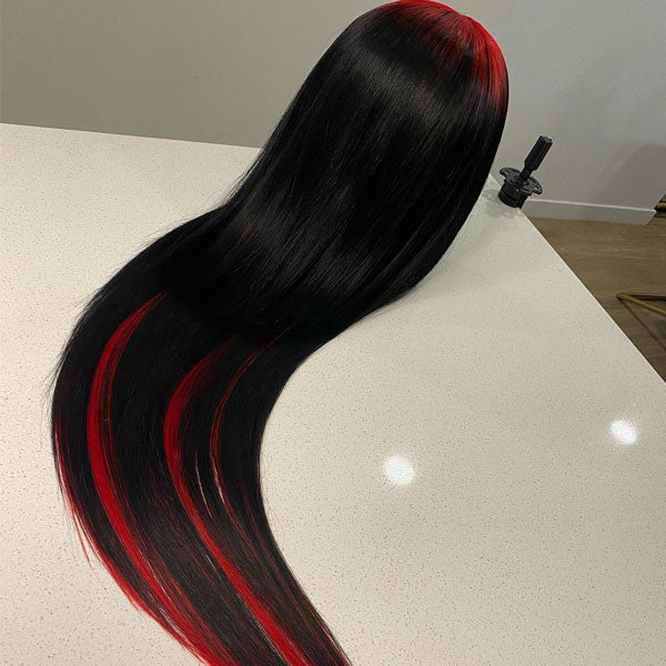 Sparkle Red Roots Long Straight Front Lace Wigs Colored Bone Straight Human Hair Wigs
