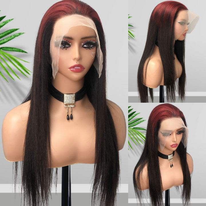 Sparkle burgundy Roots Long Straight 13x4/4x4 Lace Front Wig Ombre 99J Colored Bone Straight Human Hair Wigs-Geeta Hair