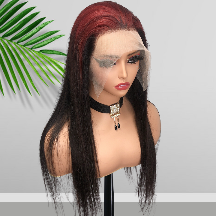 Sparkle burgundy Roots Long Straight 13x4/4x4 Lace Front Wig Ombre 99J Colored Bone Straight Human Hair Wigs-Geeta Hair