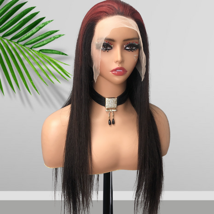 Sparkle burgundy Roots Long Straight 13x4/4x4 Lace Front Wig Ombre 99J Colored Bone Straight Human Hair Wigs-Geeta Hair