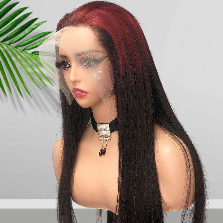 Sparkle burgundy Roots Long Straight 13x4/4x4 Lace Front Wig Ombre 99J Colored Bone Straight Human Hair Wigs-Geeta Hair