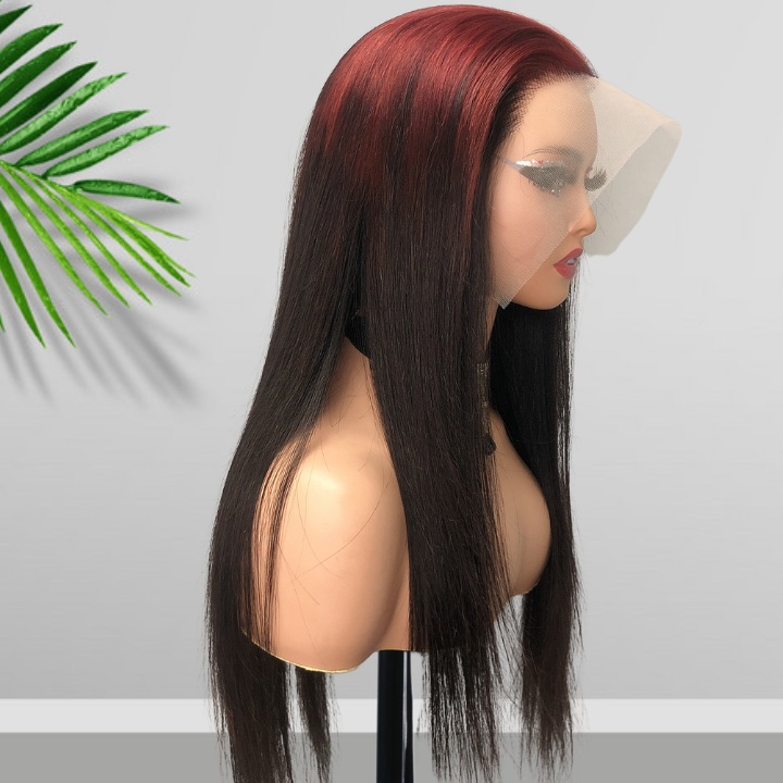 Sparkle burgundy Roots Long Straight 13x4/4x4 Lace Front Wig Ombre 99J Colored Bone Straight Human Hair Wigs-Geeta Hair