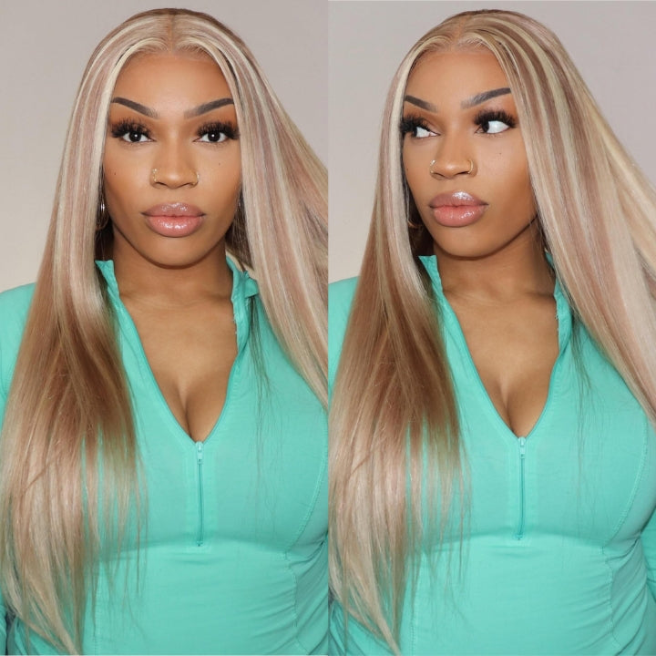 Straight Balayage HD Lace Front Wig Ash Blonde Colored Human Hair Wigs With Highlights