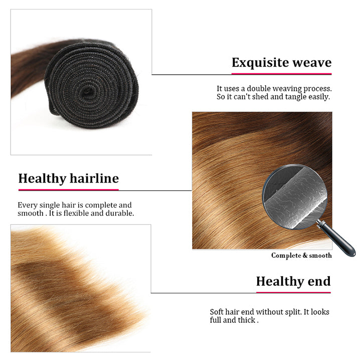 GeetaHair Straight Blonde Human Hair 3 Bundles With 4x4 Lace Closure 3Tone (T1b427) 100% Human Hair Extension Weaves