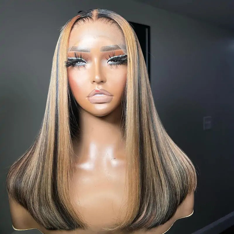 Straight Bob Wig Human Hair Highlight Balayage HD Lace Front Wigs Human Hair Pre Plucked