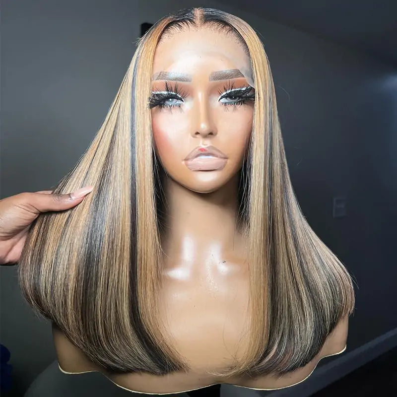 Straight Bob Wig Human Hair Highlight Balayage HD Lace Front Wigs Human Hair Pre Plucked