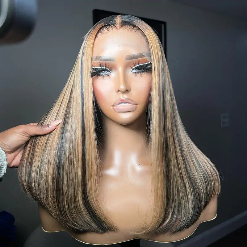 Straight Bob Wig Human Hair Highlight Balayage HD Lace Front Wigs Human Hair Pre Plucked