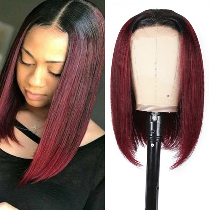 Straight Burgundy Glueless HD Lace Front Bob Wig with Black Roots 99j Colored Short Human Hair Bob Wigs
