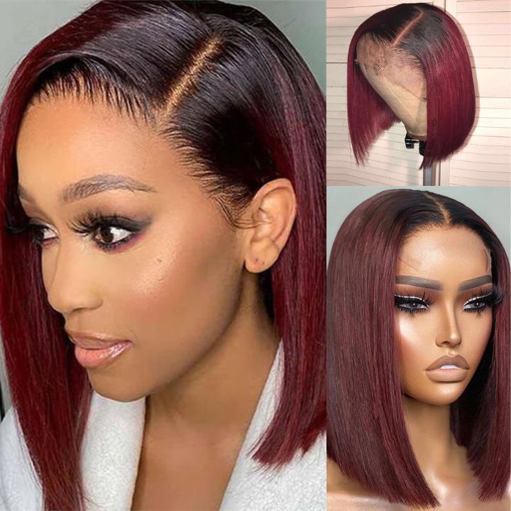 Straight Burgundy Glueless HD Lace Front Bob Wig with Black Roots 99j Colored Short Human Hair Bob Wigs