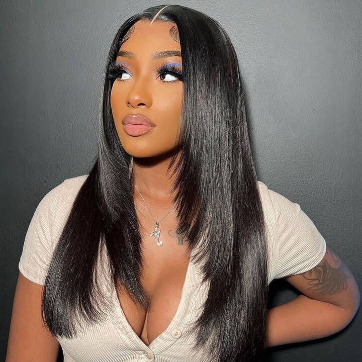13x4/4x4 Hd Transparent Straight Layered Wig Pre Plucked Natural Hairline Human Hair Wigs