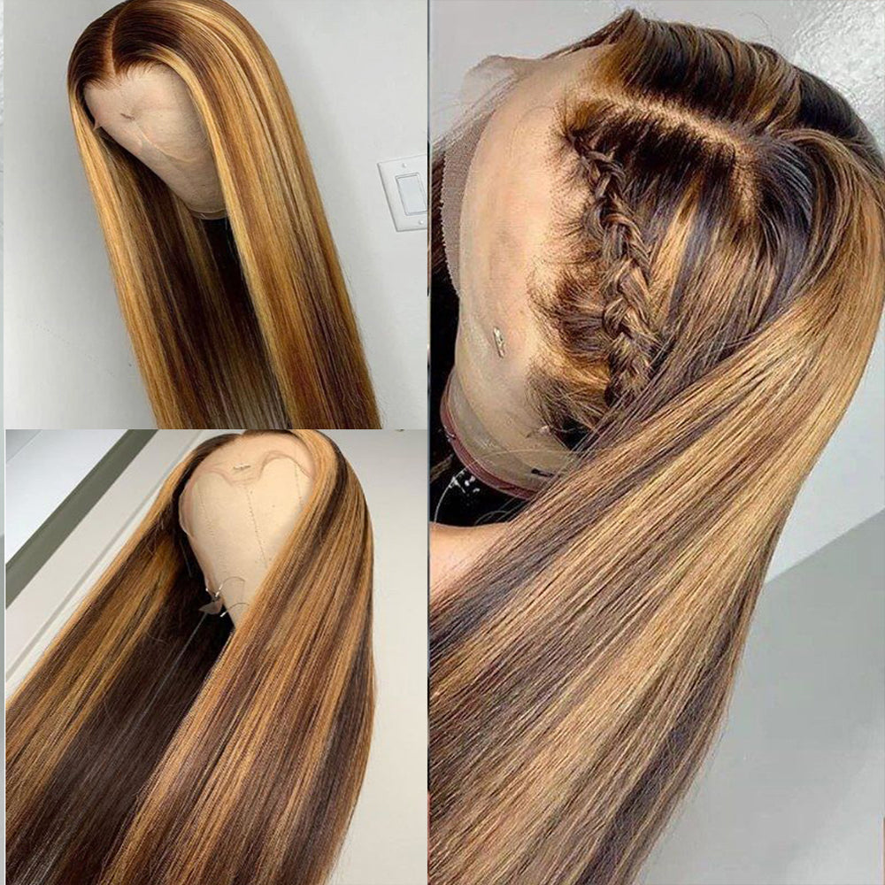 Straight Hair Honey Blonde Highlight Wig 13x4 HD Transparent Lace Human Hair Wigs Pre Plucked With Baby Hair-Geetahair