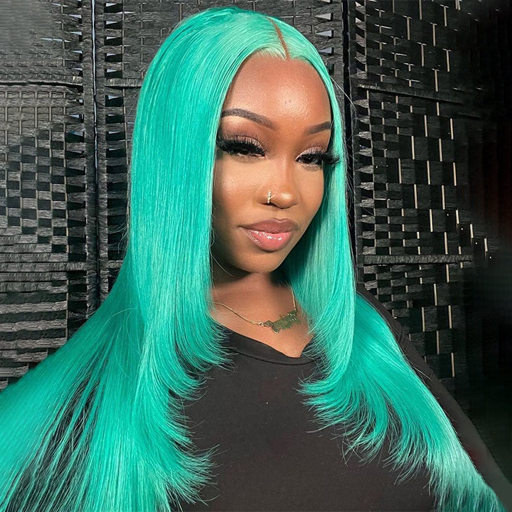 Mint Green Layered Straight Hair Glueless Lace Front Wig Lake Blue Butterfly Haircut Human Hair Wigs