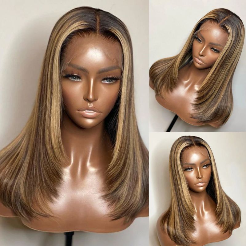 Pre Bleached Knots Straight Layered Cut 13x4 Lace Front Wig Ombre Highlight Straight Wig 180% Density